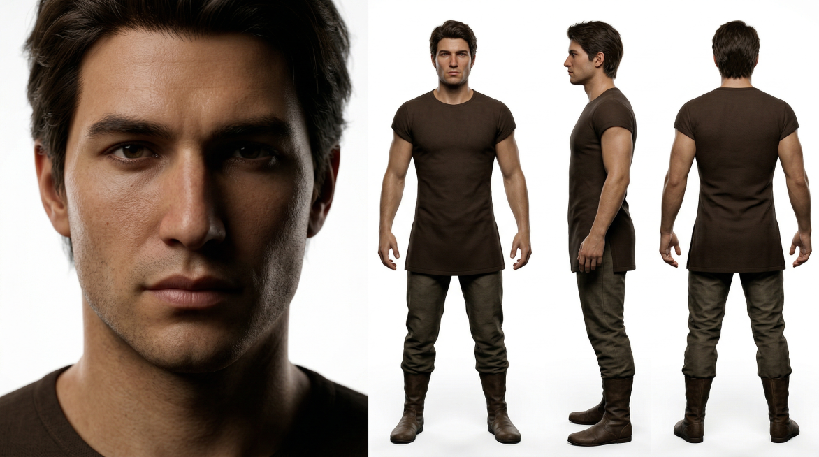 画面布局：左侧三分之一画幅为超大面部特写；右侧三分之二画幅为三个全身视图横向排列（正视图、侧视图、后视图）。纯白背景，超写实OC渲染，8K超高清细节，电影级光影。左侧面板 - 超大面部特写：年轻的欧美预览效果