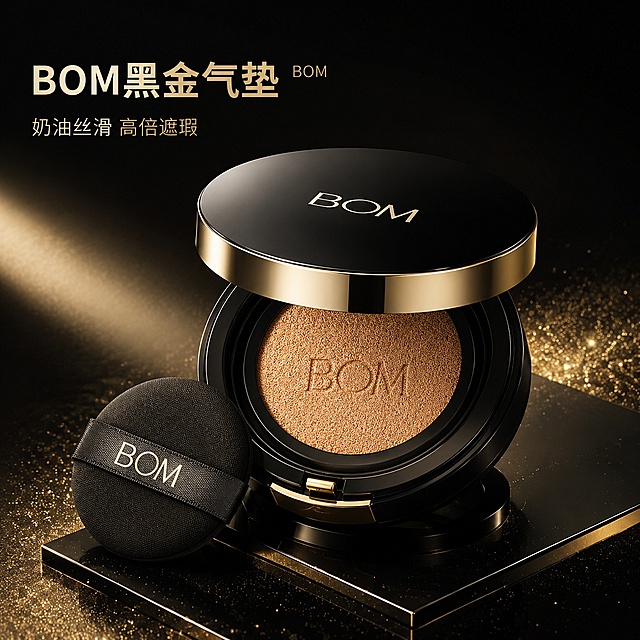 ，生成一套主图（7张），商品名称是BOM黑金气垫，卖点是超细研磨粉体，奶油丝滑质地，推开顺滑不卡粉、不拔干，高倍一层遮瑕，痘印、泛红、斑点、黑眼圈轻松遮盖，半柔雾哑光妆效，轻薄无面具感，兼顾清透与无瑕，伪素颜天生好皮，8 小时长效扒脸持妆，通勤、外出全天不斑驳、不浮粉、不脱妆，非致痘配方，痘肌实测不闷闭口、不堵塞毛孔，风格是韩系美女风，