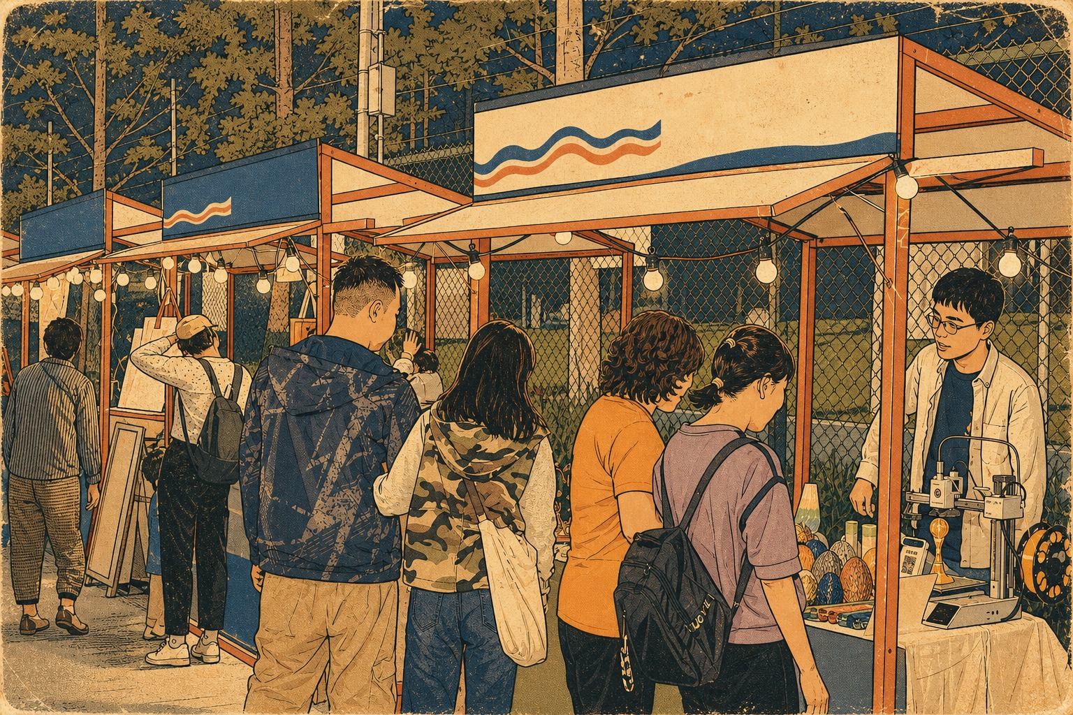将这张市集照片转换为美式复古漫画风格插画，保持画面主题和构图大… - 图片创意预览