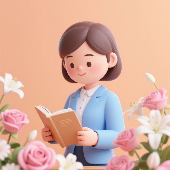 一个女老师拿着教案，周围有鲜花环绕，温馨感，背景浅橙色预览效果