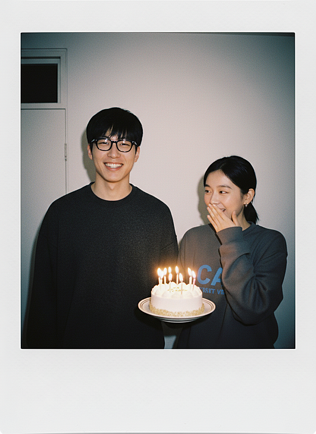 胶片风记录温馨生日场景，烛光映衬笑脸，尽显喜庆与温暖。