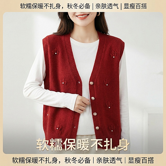 生成适合抖音的红色针织马甲背心商品主图，参考提供的款式，保留V领开衫、白色珍珠装饰和立体花纹设计，颜色为红色，人物模特内搭穿着白色长袖，展示商品版型，添加卖点文案：软糯保暖不扎身，秋冬必备｜亲肤透气｜显瘦百搭，风格干净清爽适合电商推广