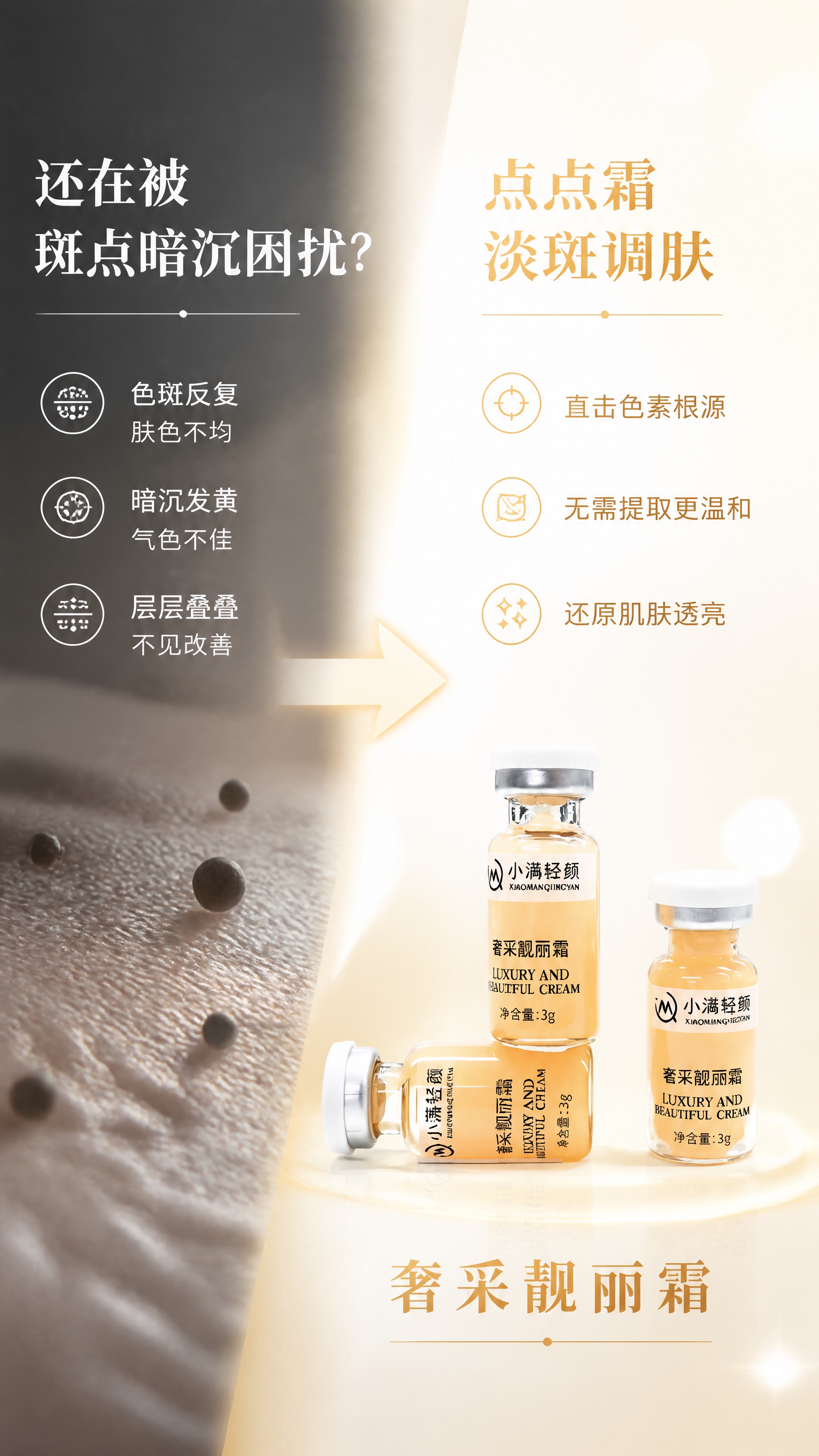 [第2张] 详情页痛点直击-斑点暗沉困扰与产品解决方案对比页。… - 图片创意预览