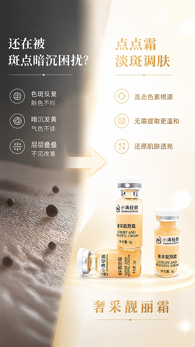 [第2张] 详情页痛点直击-斑点暗沉困扰与产品解决方案对比页。本张使用【图2】作为商品主体，保留3瓶安瓶产品的外观、颜色、标签与原图一致。
[氛围/风格] 对比式叙事风，左右分栏，左侧暗沉压抑、右侧明亮通透，商业摄影质感，情绪反差强烈。
[元素布局] 画面左右分栏结构：左侧暗调区展示肌肤暗沉、色斑、肤色不均的示意（用抽象肌肤纹理+阴影表现），配痛点文字；右侧亮调区放置产品3瓶组合，占比约40%，周围环绕光粒子、亮白光斑；中间用箭头或渐变过渡表现「从暗沉到净白」的转变；产品外观与输入图完全一致。
[光影质感] 左侧冷灰暗光，右侧暖金明亮光，产品受光均匀，玻璃质感通透，整体对比鲜明。
[配色色系] 全局底色左半#3A3A3A深灰、右半#FFF8EE暖米白渐变过渡；主色暖金橙；辅助色深灰、米白；点缀色金色光效。
[视角构图] 左右对比构图，阅读动线左痛点 → 中箭头 → 右产品+解决方案。
[文字版式] 左侧顶部大标题「还在被斑点暗沉困扰？」，下方3条痛点：「色斑反复 肤色不均」「暗沉发黄 气色不佳」「层层叠叠 不见改善」；右侧顶部标题「点点霜 淡斑调肤」，下方3条利益：「直击色素根源」「无需提取更温和」「还原肌肤透亮」；底部产品名「奢采靓丽霜」。
[比例分辨率] 9:16竖版比例，4K分辨率，文字清晰可辨，高清画质。
[负向提示词] 产品变形，缺件错件，颜色偏差，标签文字错乱，水印，文字过小，真人脸部，医疗前后对比图，优惠信息。