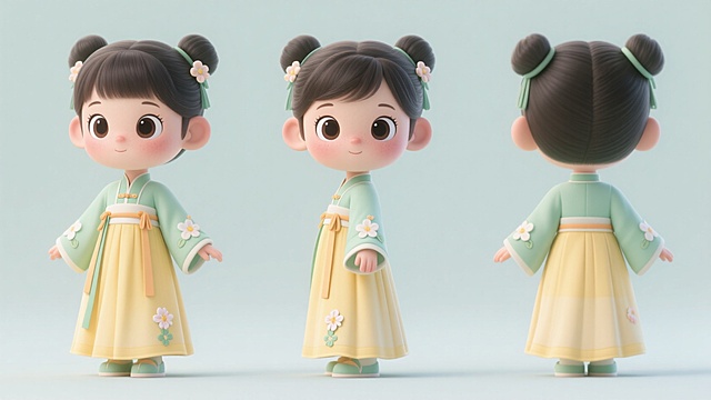 软3D风可爱卡通女孩，身着古风服饰，色彩柔和，童趣盎然。