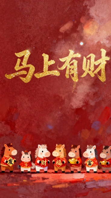 极简主义东方美学，治愈系手绘风格插画，柔和深红色背景，上方大面积留白，画面底部一排穿着喜庆的可爱手绘小马，造型多样：拿“发”字、拿“财”字、拿“福”字、拿“富”字、拿元宝，上方金色书法草书文字“马上有预览效果
