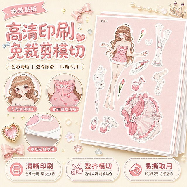 第3屏：1:1竖版电商主图，甜美可爱奶油治愈风，背景为浅米色哑光质感，光线明亮柔和，减少暗沉和脏黑感，与整体系列统一。字体采用气泡可爱文字，搭配疏密对比排版，卖点文字清晰突出。画面中心展示一张完整换装贴纸的高清细节，严格还原上传产品图中的人物线条、服饰花纹、模切边缘和色彩表现，产品单张尺寸10×14cm，尺寸比例保持1:1。周围设置3个圆形放大镜特写，分别展示人物印刷细节、服饰图案清晰度、边缘模切工艺；钻饰和小装饰调整为清透亮泽的浅粉、珍珠白、香槟金、浅蓝，增加细腻高光，避免发黑。左侧主标题文字："高清印刷 免裁剪模切"，副标题："色彩清晰｜边缘顺滑｜即撕即用"。右侧产品主体与放大镜细节组合，底部用3个小标签对应"清晰印刷""整齐模切""易撕取用"，整体突出品质感与使用便利性。