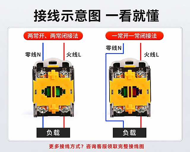基于这张按钮开关接线示意图详情图进行修改：
1. 去除左上角红色圆角标签里的"LA38-11"文字和标签，去除右上角"PUSH-BUTTON SWITCHES"英文字母和三个小圆圈，用背景自然填补；
2. 大标题从"按钮接线示意图"改为"接线示意图 一看就懂"，黑色加粗字体，位置和大小不变；
3. 两个红色圆角标签（"两常开、两常闭接法"和"一常开一常闭接法"）保留不变，红色背景白色字体；
4. 接线图和所有标注（零线N、火线L、负载、24、12数字、接线颜色等）全部保留不动；
5. 背景从浅蓝灰改成浅灰色渐变，从上到下由#F0F2F5渐变到#E0E4E8，与前面所有图统一；
6. 中间白色圆角方框保留，边框颜色改成#D0D5DD浅灰色，内部白色背景不变；
7. 最底部加一行红色小字"更多接线方式？咨询客服领取完整接线图"，居中对齐；
8. 整体布局和结构不变，国内电商详情页风格，专业工业风，高清精致。