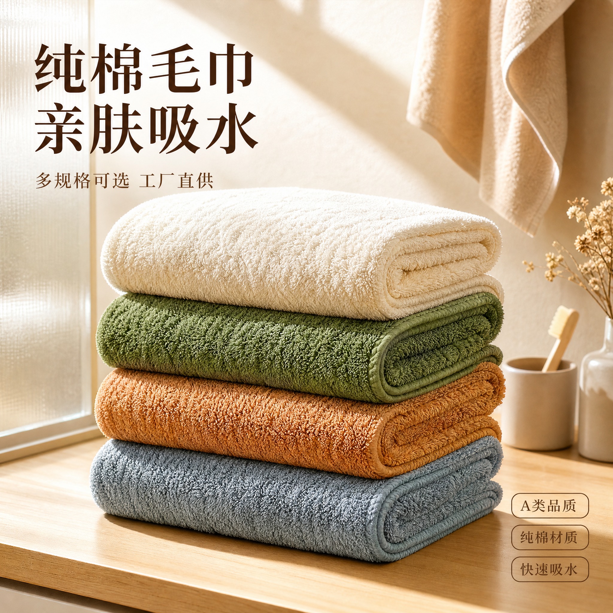 [主图-1] 纯棉毛巾浴巾叠放氛围展示，突出产品蓬松质感与多色… - 图片创意预览
