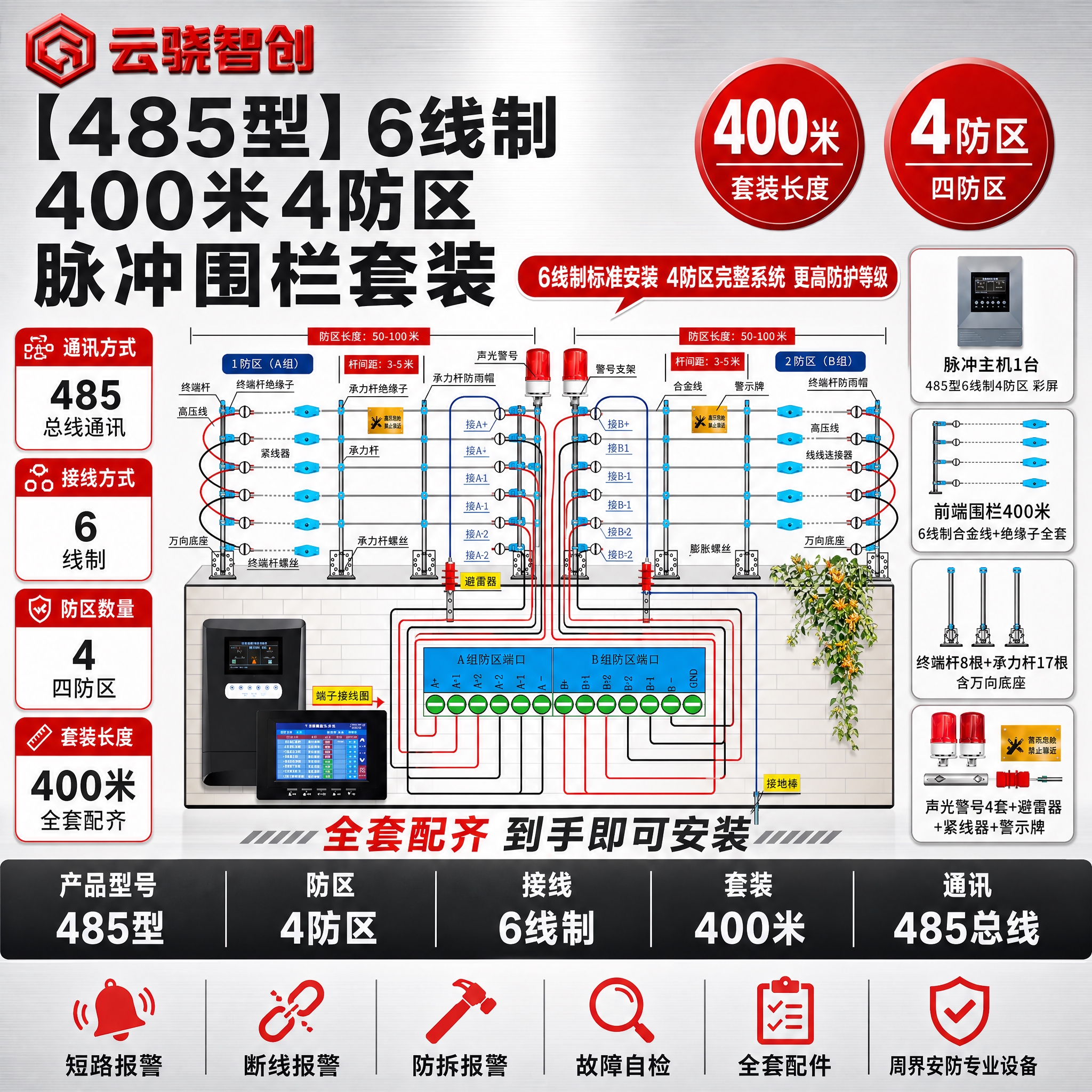 [单张主图] 【485型】6线制【400米】4防区脉冲围栏套装… - 图片创意预览