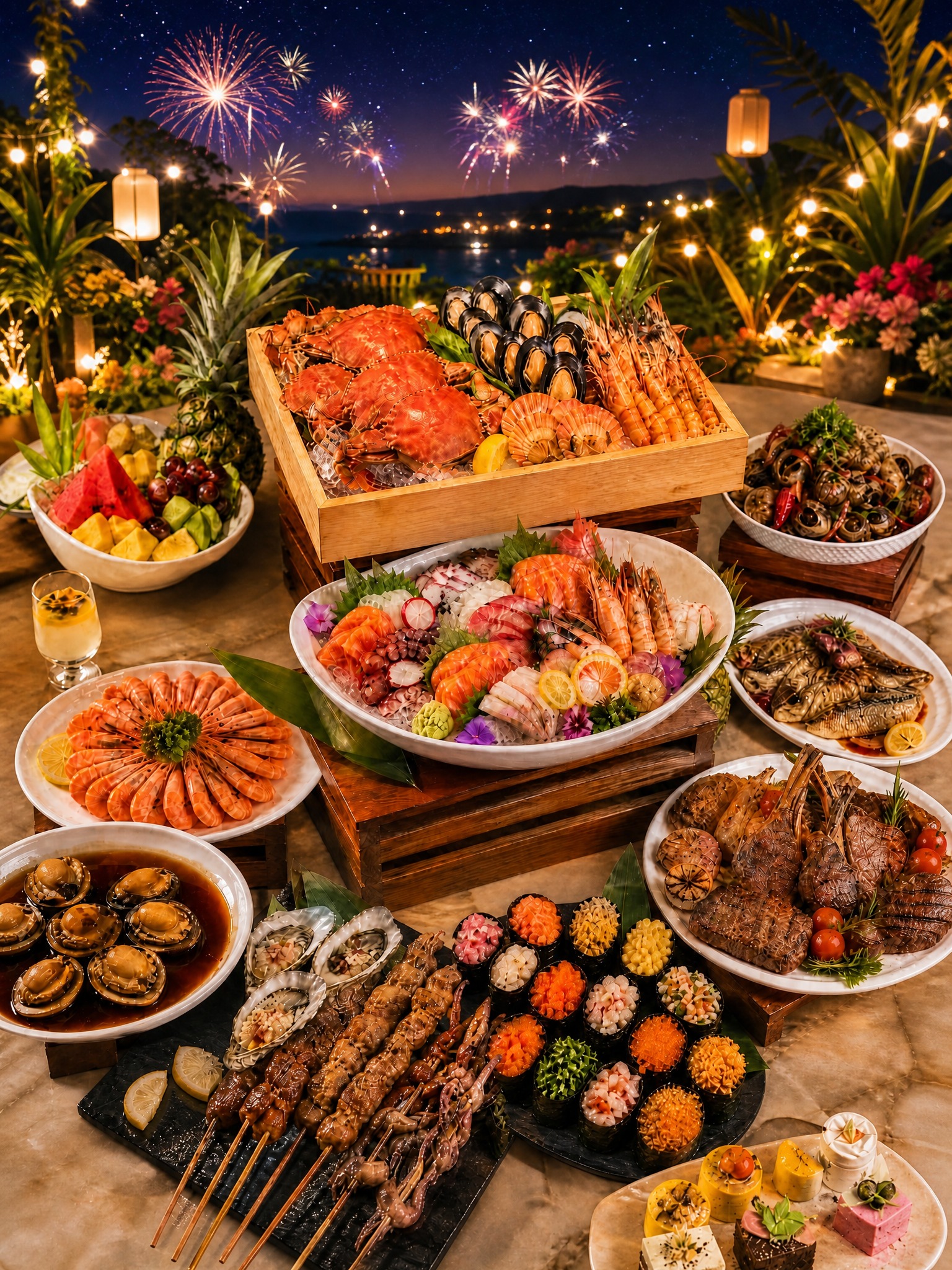 将这张自助餐图中的深棕色皮质卡座沙发和木饰墙面背景全部替换为户… - 图片创意预览
