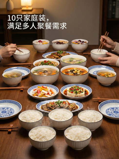 这是一张有10个陶瓷碗的图片，碗的风格为山田竖纹，碗口直径为4.5英寸。请根据我的图片，帮我绘5张不同角度的场景图。每张场景图比例为3：4，内容是将这10只碗与不同的日常生活场景结合，并配上简要的卖点预览效果