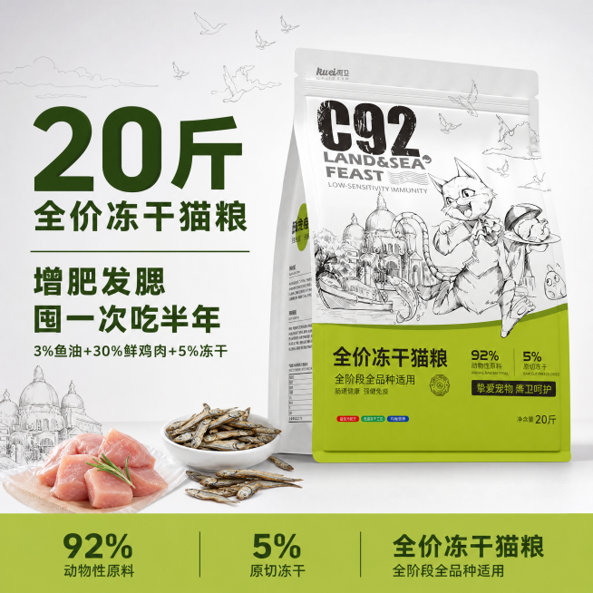 [单张主图] 20斤全价冻干猫粮电商主图，爆款促销感路线，结合参考图风格设计。参考比对：参考图采用包装主体+手绘线稿插画+绿色下半色块构图，品牌Logo在包装顶部，产品信息分区排版，绿白配色简约干净，预览效果