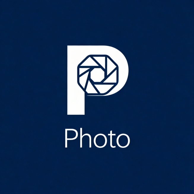 一个极简主义风格的现代LOGO设计，核心图案为字母“P”的创意变体，线条干净利落、几何感强，可融入相机快门或镜头轮廓的抽象元素，整体造型简洁而富有辨识度；下方搭配无衬线字体“Photo”，字形纤细优雅，与上方图形在视觉重量上保持平衡；背景采用纯色（如纯白、浅灰或深空蓝），突出主体，营造专业、高端、科技感十足的视觉氛围；整体构图居中对称，留白充足，确保在不同尺寸下均清晰可辨，适用于各类商品包装与……预览效果