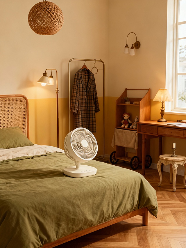 复古温馨混搭风卧室场景，整体配色以浅米墙面为基底，搭配橄榄绿床品、暖木色家具、浅黄装饰色，色调柔和治愈；采用广角中景视角，均衡构图覆盖卧室核心区域；场景包含人字拼暖木地板、藤编床头床架、球形编织吊灯、三灯位复古落地灯、金属圆环衣架（挂置格纹衣物）、带轮布艺置物架（含玩偶摆件）、带复古台灯的书桌、雕花脚小凳（放烛台）；主体可放置于床面中央或置物架区域，呈自然摆放角度，在画面中占比约 25%，与卧室软装形成温馨生活搭配关系；主体融入复古居家环境，光线为侧窗自然光 + 局部暖光（台灯、落地灯），营造松弛休憩氛围，摄影质感细腻，细节层次丰富。