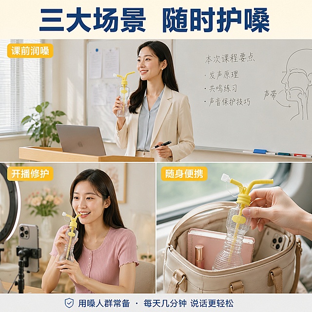[主图-4] 嗓音训练器多场景使用图 讲师主播随身护嗓场景。
[氛围风格] 真实生活场景 自然明亮 代入感强 实用主义；
[画质] 生活方式商业摄影 光线自然柔和 人物真实自然 产品清晰 超高清；
[元素] 画面采用三宫格场景拼图 展示产品在不同场景下的使用。上格 讲课场景 一位亚洲女讲师站在讲台旁 手持嗓音训练器 课前使用 背景是明亮的教室 白板与教案。左下格 直播场景 女主播坐在直播桌前 桌上放着麦克风与训练器 开播前快速护嗓 背景有补光灯与手机支架。右下格 随身便携场景 一只手从通勤包中取出训练器 包内还有笔记本 口红 手机 展示产品小巧便携。每个场景中产品都清晰可见 保持产品外观与输入图绝对一致。
[光影] 自然光为主 教室场景顶部柔光 直播场景有补光灯效果 通勤场景窗边自然光 整体明亮通透 生活感强 光影自然不做作。
[配色] 主色 米白 浅木色 产品暖黄 点缀色 浅蓝 浅粉 每个场景色调统一 温暖明亮。
[视角构图] 三宫格拼图 上格横向大场景 下排左右两个小场景 视角丰富 包含中景人物使用 近景桌面摆放 手持特写 多维度展示使用方式。
[文字版式] 顶部通栏主标题 三大场景 随时护嗓 粗体深蓝色大字。每个场景角落有黄色小标签 上格 课前润嗓 左下 开播修护 右下 随身便携。标签文字白色 黄色圆角底 醒目不遮挡主体。底部一行小字 用嗓人群常备 每天几分钟 说话更轻松。
[输出要求] 1:1比例 文字清晰可辨 超高清生活方式商业摄影质感。
[负向提示词] 变形 文字错乱 人物失真 场景杂乱 水印 平台Logo 夸张表情。