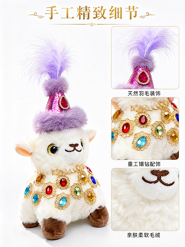 [主图-2] 产品整体与配饰细节展示图。
[氛围风格] 精致高级质感，突出手工工艺；
[画质] 商业摄影质感、光线柔和通透、产品清晰真实、画面干净高级。
[元素] 左侧是完整的小羊玩偶主体，右侧竖向排列三个局部放大框，分别展示头顶羽毛、宝石配饰、毛绒纹理三个细节。保持小羊玩偶外观、物理结构、材质质感、颜色与输入产品图绝对一致，杜绝任何变形和色差。整体布局左右分栏，左侧产品占60%空间，右侧细节区占40%空间，边框纤细不抢视觉。
[光影] 影棚柔光均匀打光，突出毛绒柔软度和金属宝石光泽，每个细节框内光线与主图一致，光影统一。
[配色] 纯净白色背景，突出产品本身色彩，文字深色对比清晰。
[视角构图] 主图主体45度斜侧拍摄，细节图为微距特写，全部画面清晰锐利。
[文字版式] 顶部标题"手工精致细节"金色字体居中，每个细节框下方配短句说明：顶部"天然羽毛装饰"、中部"重工镶钻配饰"、底部"亲肤柔软毛绒"，小字黑字说明清晰不遮挡。
[比例分辨率] 3:4 比例，4k 分辨率；文字清晰锐利，画面超高清。
[负向提示词] 变形，水印，文字错乱，产品图模糊，背景杂乱。