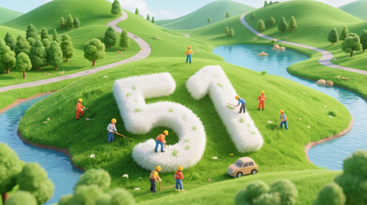 参考原图样式，生成一张16:9比例的3D粘土风格场景图，保留毛绒质感的数字51，增加更多河流元素，画面不添加任何文字，绿色草地山丘背景，多名戴黄色安全帽的工人修剪数字，保留小车和风景，风格和原图一致预览效果