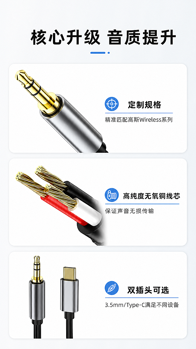 [第2屏] 高斯Wireless系列耳机专用耳机线 核心卖点总览
[氛围/风格] 简约科技风，浅灰背景，清晰信息层级，专业商业设计感
[元素布局] 本屏使用【图1】【图2】作为细节参考，保持产品细节特征，采用上中下三段式构图，顶部大标题，中部三个核心卖点卡片垂直排列，每个卡片左侧放置产品细节图，右侧为卖点文字，每个卖点卡片占比合理，间距均匀，整体整洁有序
[光影质感] 均匀柔和布光，产品细节清晰，文字区域背景干净，无过曝或死黑，整体明亮专业
[配色色系] 全局底色：#F5F5F5（浅灰）；卡片背景：#FFFFFF（白色）；文字：#1A1A1A（深灰黑）；点缀：#4A90E2（品牌蓝）
[视角构图] 信息卡片式布局，每个卖点独立分区，顶部标题居中，中部信息瀑布流排列，符合移动端从上到下阅读习惯
[文字版式] 顶部大标题「核心升级 音质提升」黑色粗体居中，每个卖点卡片标题加粗展示，分别为：第一卡「定制规格」副标题「精准匹配高斯Wireless系列」，第二卡「高纯度无氧铜线芯」副标题「保证声音无损传输」，第三卡「双插头可选」副标题「3.5mm/Type-C满足不同设备」，文字排版清晰，重点突出，不遮挡产品细节
[比例分辨率] 9:16竖版比例，4K分辨率，文字清晰可辨，超高清
[负向提示词] 排版混乱，文字遮挡产品，产品变形，颜色偏差，文字模糊，水印，背景杂乱