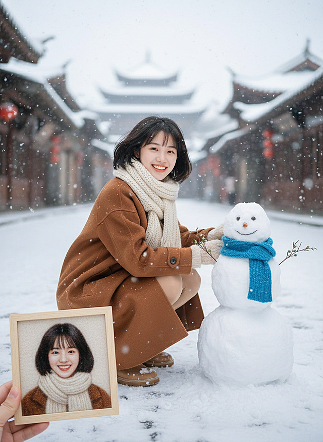 仰视角远景全身照。画面主视觉是女生穿着美拉德色系冬装（戴米色围巾，短发被风轻轻吹起），蹲着堆雪人，笑容灿烂看向镜头。雪人有蓝色围巾装饰。冬日古街背景，斜拍背景，飘雪花。文艺青春氛围感。左下方有一只手举着一幅方木框装裱的羊毛毡作品，是图示人物的画像。人物与画像的同框打卡效果。