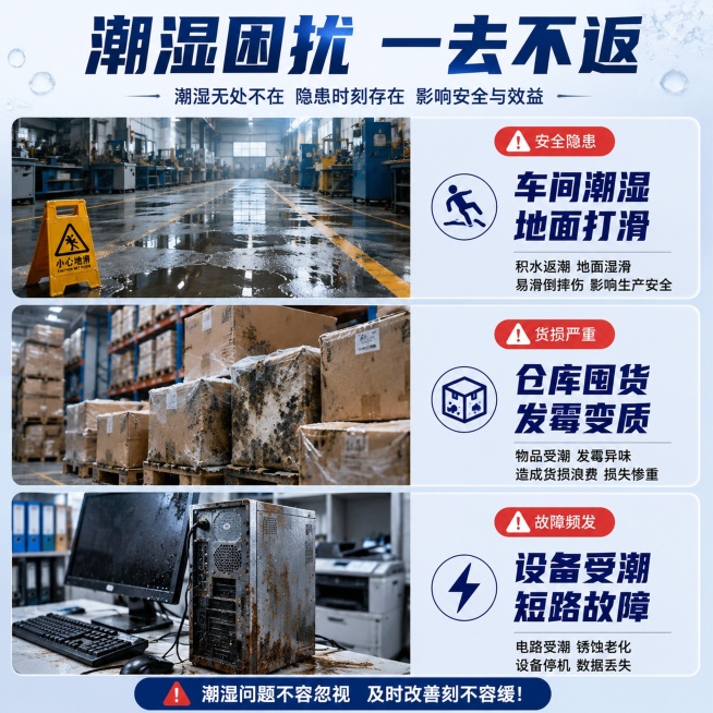 [第2屏] 痛点直击-工商业潮湿环境危害展示。本屏无需使用商品主体图。
[氛围/风格] 真实场景困扰风，浅蓝灰背景，对比清晰，具有代入感。
[元素布局] 画面分三行排列三个痛点场景：顶部展示车间地面返预览效果