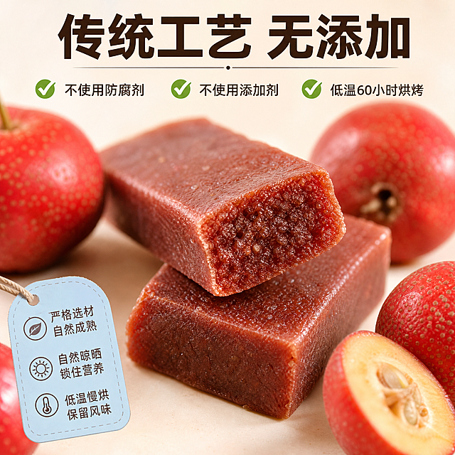 [主图-3] 工艺细节卖点主图，展示传统无添加优势。
[氛围风格] 简约干净的细节特写风格，突出品质感
[画质] 微距细节清晰，质感真实，商业食品摄影
[元素] 中心微距特写山楂条切割断面，展示果肉细腻质地，周围摆放核心原料完整山楂和浅蓝色工艺说明标签，保持山楂条纹理和颜色与原图绝对一致，主体特写占比约70%，背景用浅米白色简洁干净，突出纹理细节
[光影] 软柔光从上方打光，突出山楂条细腻纤维纹理，质感软糯诱人
[配色] 浅米白背景衬托山楂条棕红色，色彩干净对比清晰
[视角构图] 俯视中心特写构图，主体居中视觉冲击力强
[文字版式] 顶部标题大字"传统工艺 无添加"，深棕色粗体，下方分三点标注：不使用防腐剂 不使用添加剂 低温60小时烘烤，每个卖点配绿色小对勾图标，文字大小对比清晰，不遮挡主体特写
[负向提示词] 变形，文字错乱，产品图模糊，背景杂乱，水印，电商平台Logo