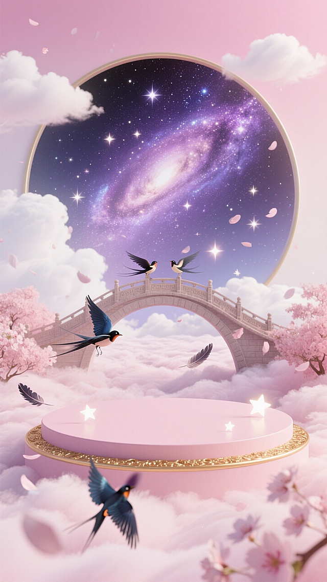 浮在粉色云海中的圆形展台，展台为浅粉色，边缘有金色装饰，背景是粉白渐变的天空与云朵，樱花飘落。占据画面主体的是壮丽的银河与鹊桥。背景是深邃的、带有星云纹理的深蓝紫色星空，点缀大量闪烁星芒。前景可飘落几片喜鹊羽毛或几颗特别明亮的星星。