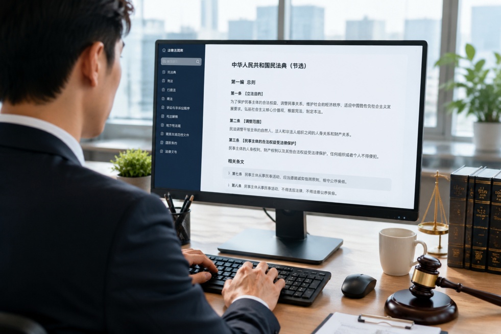 明亮的办公室里，过肩镜头，一位穿西装的男人在键盘上打字，他面向的显示器上显示一些法律条款及相关内容预览效果
