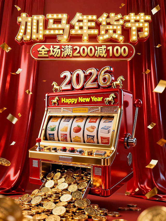 3D写实风，视觉中心是一台老虎机造型装置（悬空，正面视角，金属材质金红配色，机器上装饰“2026”立体数字、小金马，机器中部装饰“Happy New Year”黄色小字，机器底部吐出大量金币），机器滚轮区转出图中商品。背景是红色光泽幕布，周围散落金色碎片。顶部金色3D灯牌标题“加马年货节”，副标题3d金色小字“全场满200减100”。比例3：4