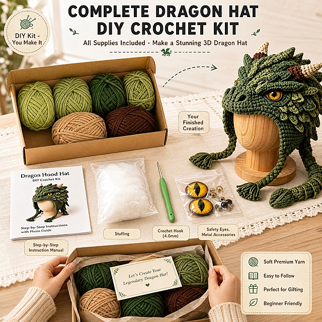 [主图-2 龙款DIY材料包] 主题：All-in-One Dragon Hat DIY Crochet Kit 龙帽DIY钩针材料包全套开箱展示。唯一任务：明确展示买家收到的真实材料包内容（非成品），以及最终能做出的3D龙帽效果，开箱即做。
[统一基调] 跨境亚马逊风格，温暖治愈的手工编织场景，原木色桌面+米白色棉麻桌布背景，英文无衬线粗体标题字色为深炭灰，辅助说明字色为暖棕色，强调色用森林绿点缀图标和分隔线，卡片用米白色底+浅棕细边。
[画面] 画面为温暖的手工开箱场景：原木色桌面上铺米白色棉麻桌布，画面左侧是打开的牛皮纸盒，盒内整齐摆放着龙款DIY材料包的毛线团：4团绿色系毛线（浅绿到深绿渐变）、1团浅棕色、1团深棕色毛线（共6-7团圆团状）。盒子前方平铺展开其他配件：绿色手柄钩针1支、白色填充棉1包、透明袋装的黄色龙眼配件和金属小配件、纸质教程手册（封面印3D龙帽图案，写Dragon Hood Hat DIY Crochet Kit）。画面右侧展示成品效果参考：一个戴在原木色头模上的3D绿色龙帽成品，有立体龙鳞片纹理、棕色渐变龙角、黄色竖瞳龙眼、龙爪造型的绳带和流苏，造型与参考图一致。成品旁标注"Your Finished Creation"，用虚线箭头从材料包指向成品。画面下方有一双欧美女性的手正在拆开材料包，营造刚收到货的开箱氛围。左上角圆形图标写"DIY Kit - You Make It"。产品占画面约65%，俯视45度视角。
[光影质感] 温暖柔和的窗边自然光，从左上方斜射，配件下方有自然柔和的接触阴影，毛线团圆滚滚蓬松，成品龙帽立体鳞片纹理清晰，钩针绿色手柄有质感，手部动作自然真实。
[配色] 背景原木色+米白棉麻，主体保持真实绿色系+棕色毛线颜色，成品龙帽深绿+浅绿鳞片+棕色角+黄色眼，文字深灰+暖棕，强调色森林绿。
[文字版式] 顶部大标题："COMPLETE DRAGON HAT DIY CROCHET KIT"；副标题："All Supplies Included - Make a Stunning 3D Dragon Hat"；配件标签用小号无衬线字体。
[输出要求] 1:1正方形，2048x2048，2K分辨率，文字清晰，产品细节清楚。负向：变形、错字、模糊、杂乱、水印、平台Logo、中文、悬浮、穿模、畸形手、直接售卖成品暗示、灰色系、狼款元素、龙角造型错误、鳞片造型错误。