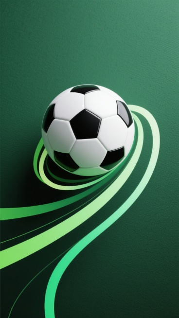 一张足球主题海报，画面底部中央位置有一个经典黑白六边形拼接图案的足球，足球被几条流畅飘逸的绿色和浅绿色渐变曲线环绕托举，曲线从左下角向右上方延伸，背景是大面积带有细微纹理质感的深绿色平面，整体风格简约现代，色彩以绿色系为主色调，营造出清新活力的运动氛围，视觉层级清晰，足球作为核心视觉元素突出醒目，无任何文字信息。预览效果