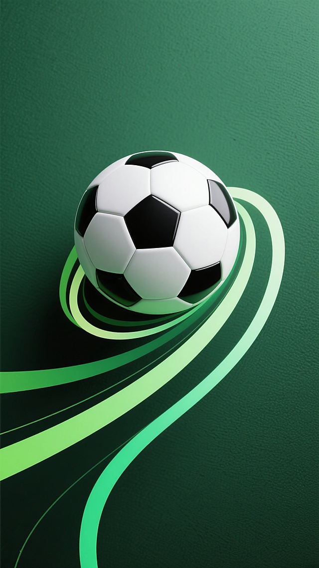 一张足球主题海报，画面底部中央位置有一个经典黑白六边形拼接图案的足球，足球被几条流畅飘逸的绿色和浅绿色渐变曲线环绕托举，曲线从左下角向右上方延伸，背景是大面积带有细微纹理质感的深绿色平面，整体风格简约现代，色彩以绿色系为主色调，营造出清新活力的运动氛围，视觉层级清晰，足球作为核心视觉元素突出醒目，无任何文字信息。
