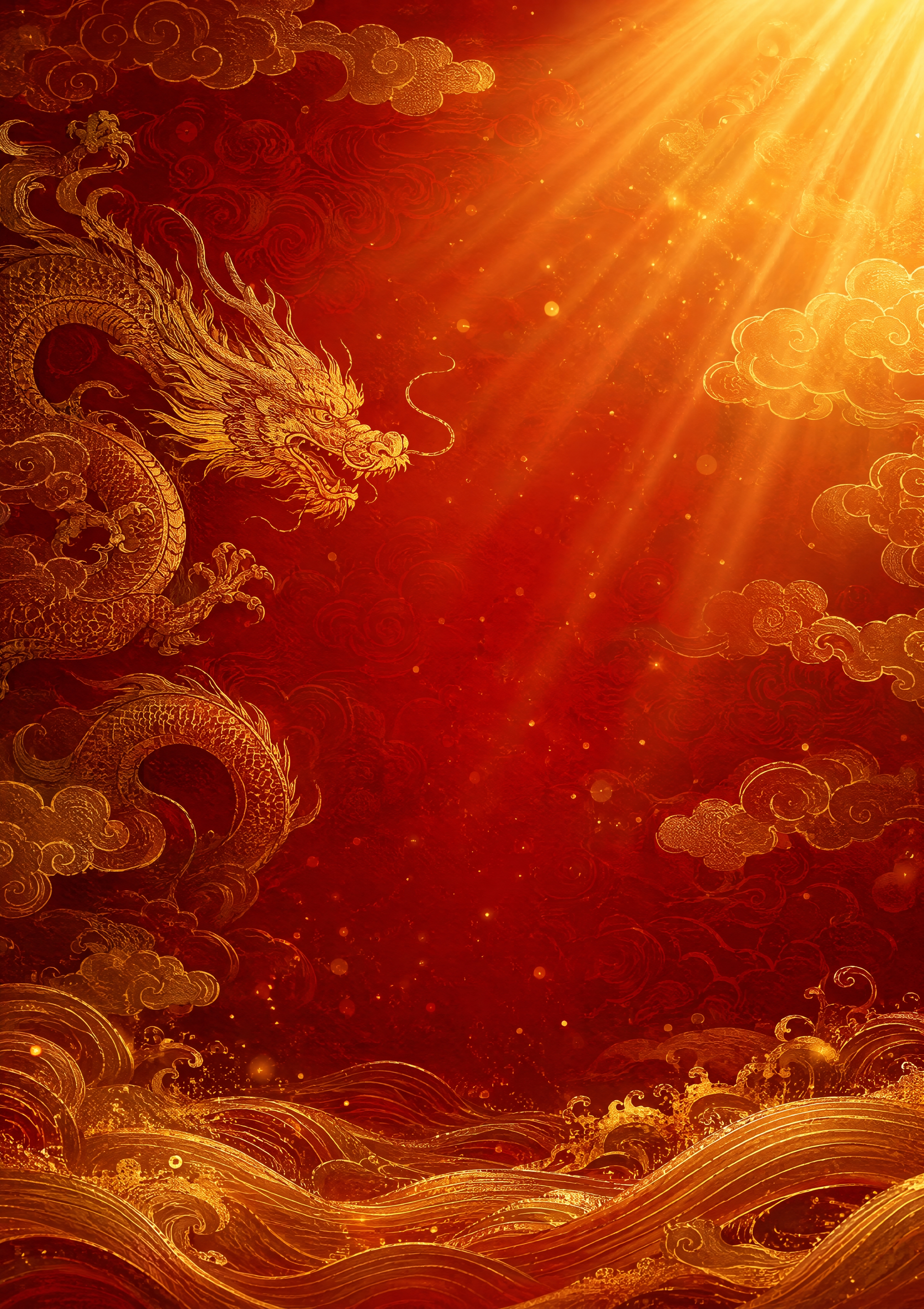 深红色渐变背景，金色祥云纹样，金色龙纹图案，金色水波纹底部装饰… - 图片创意预览