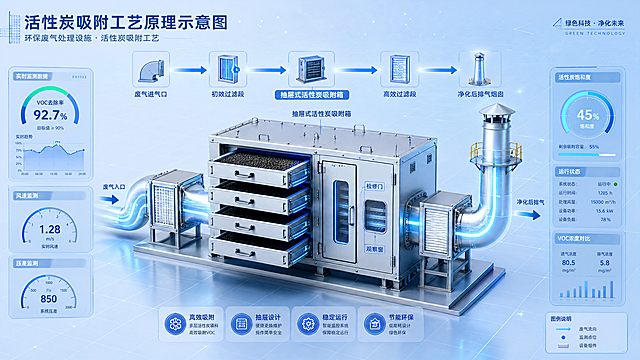 环保处理废气设施活性炭吸附工艺原理示意图，概念图，明亮浅蓝色系科技感风格。画面中央展示方形抽屉式活性炭吸附装置主体结构，可见多层抽屉式活性炭填料箱，装置外壳为金属质感工业设计，带有检修门和观察窗。包含完整废气处理工艺流程节点：废气进气口→初效过滤段→抽屉式活性炭吸附箱→高效过滤段→净化后排气烟囱，用发光蓝色线条和箭头清晰表示流体流向路径。画面两侧配有数据可视化面板和科技感UI元素，显示VOC去除率、风速、压差、活性炭饱和度等实时数据图表和仪表盘。背景为渐变浅蓝色，带有细微科技网格线和浮动粒子光效。整体画面干净通透，专业工业科技感，高精度细节渲染，3D立体效果，8K超清画质，等轴测视角