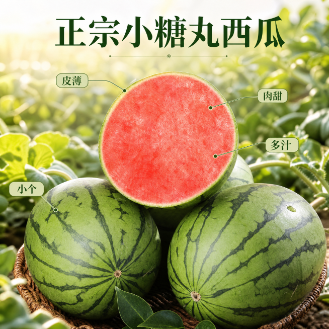 [主图-2] 小糖丸西瓜核心卖点展示图。
[氛围风格] 新鲜果园产地风，食欲感突出
[画质] 商业生鲜摄影质感，光线柔和通透，西瓜清晰真实，画面干净高级
[元素] 保持小糖丸西瓜外观、纹路颜色、果肉质预览效果