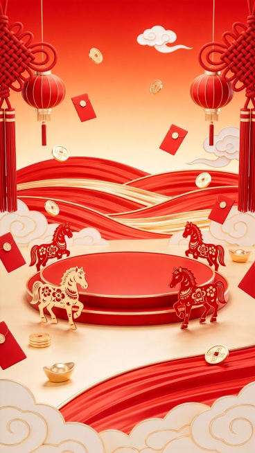 一个电商马年展台。有一个红色圆形展台，其四周悬挂着中国结和红灯笼。展台上或其周边摆放着剪纸风格的马。背景呈现出红色鎏金海浪、祥云、红包和金币的渐变效果。预览效果