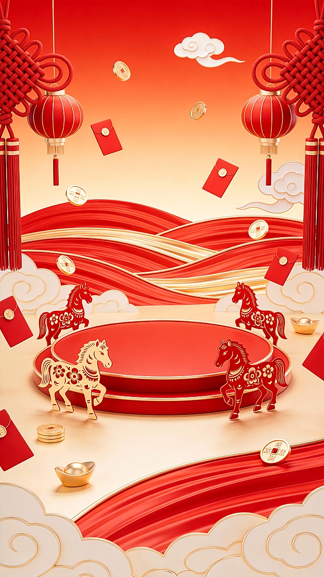 红金主色，3D剪纸风融合轻拟物设计，中式结、灯笼与马年元素交织，国潮感十足，喜庆氛围浓烈。
