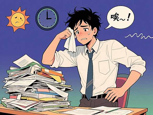 满头大汗的打工人对着小山似的杂活直皱眉，一边擦汗一边吐槽这份又臭又热的无聊差事。