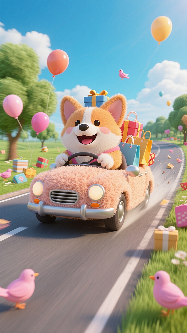 软3D风格的拟人柯基驾驶毛绒小车，满载礼物与气球，穿梭在春日花径，粉色小鸟环绕，梦幻喜庆又清新可爱。