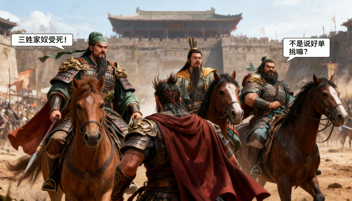 参考原图风格生成三国场景，去掉所有UI元素，场景为虎牢关大战，吕布背对着镜头，刘备、关羽、张飞三人并排骑马，三人的对话气泡写着"三姓家奴受死！"，吕布头上青筋暴起，他的对话气泡写着"不是说好单挑嘛？"预览效果