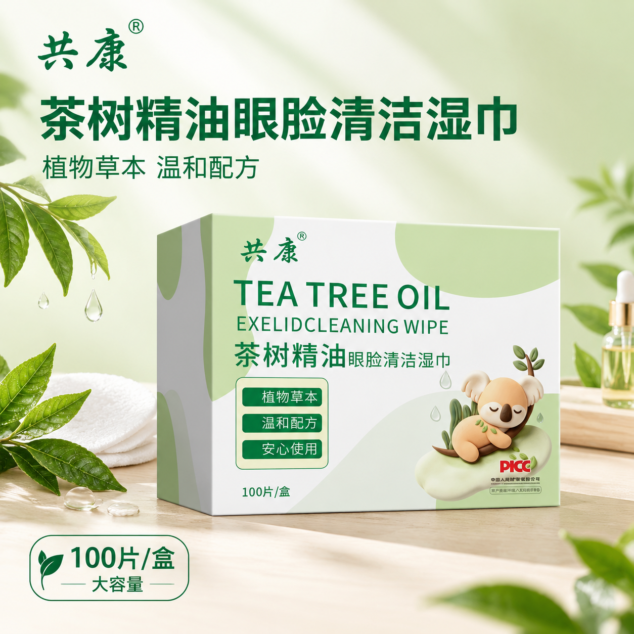 [主图-1] 首图品牌调性，突出共康茶树精油眼脸清洁湿巾的产品… - 图片创意预览