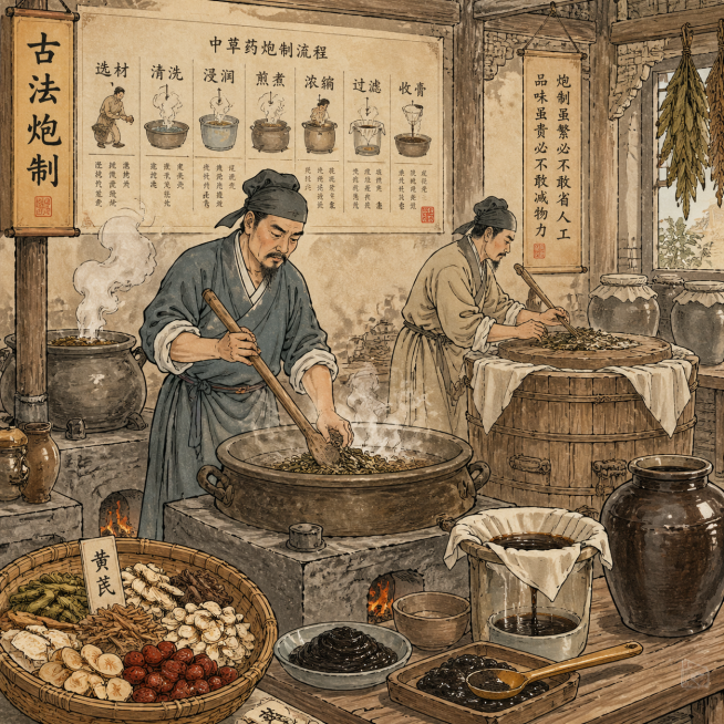 中国古代传统中草药提纯场景，古代工匠进行中草药熬制加工提纯，采用中国传统线描彩色插画风格，画面古朴写实，展现古法炮制过程预览效果