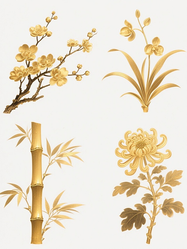 一组四个规整排布的金色植物插画，保持中国传统工笔画风格，采用渐变金色表现叶片和枝干，边缘有细腻的高光处理，整体呈现出典雅高贵的质感，背景为纯白色。从左到右、从上到下依次为：傲骨绽放的金色梅花，枝干遒劲，花瓣层次分明；舒展优雅的金色兰花，叶片修长飘逸，花朵精致灵动；挺拔向上的金色竹子，竹节分明，竹叶疏密有致；饱满盛开的金色菊花，花瓣卷曲自然，花蕊清晰可见。所有植物均以写实手法描绘，细节丰富，形态自然，形成和谐统一的系列素材集合。
