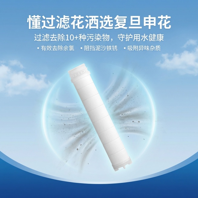 国内电商风格ACF滤芯海报，主体为白色长条ACF滤芯，保留FDSH标识，滤芯添加柔和浅蓝色发光特效表现阻隔过滤效果，背景为渐变蓝天白云蓝色系，底部为深蓝色弧形色块，参考给出的消毒喷雾海报的上下排版结构预览效果