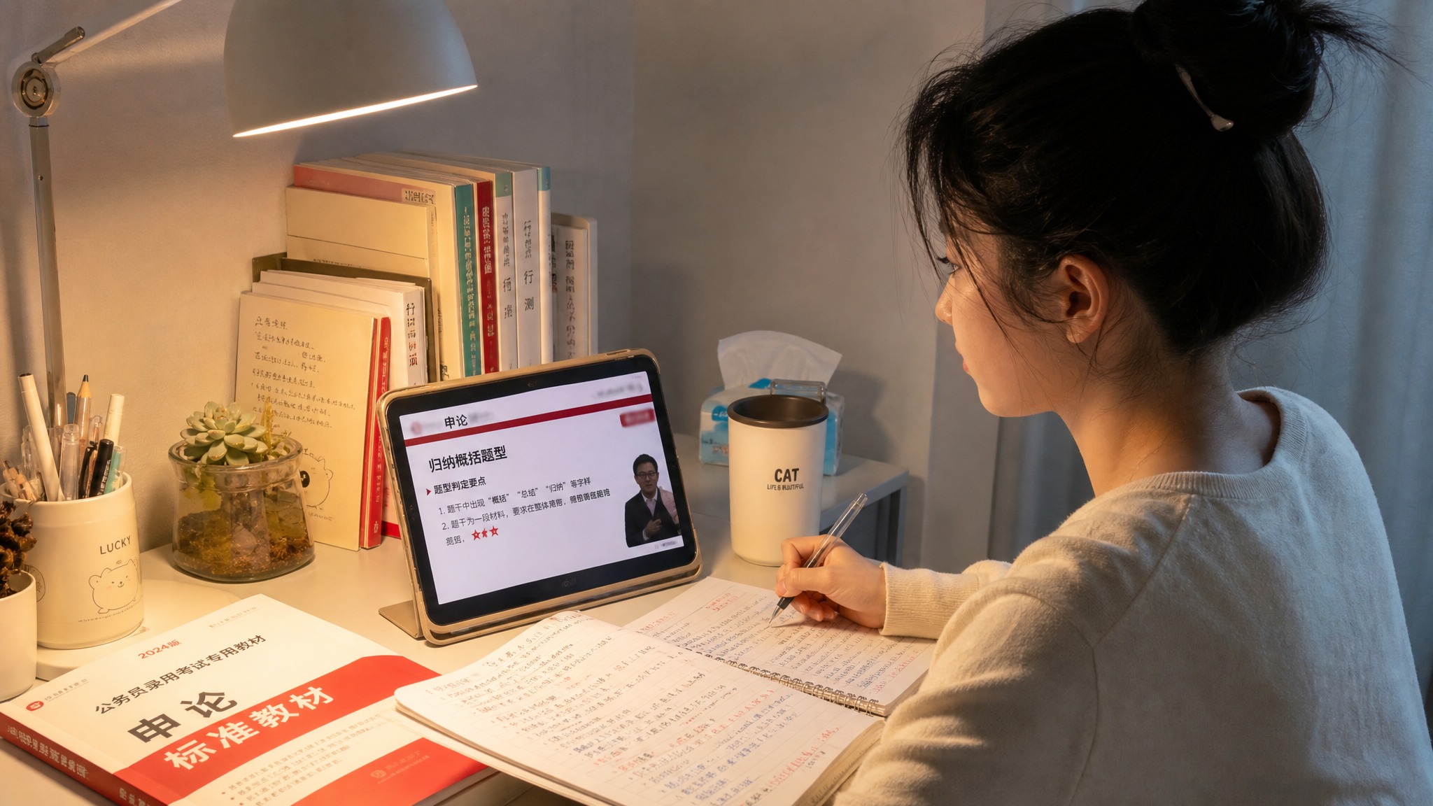 一位25-30岁的女性学生，在书桌前对着平板电脑上网课学习考公… - 图片创意预览