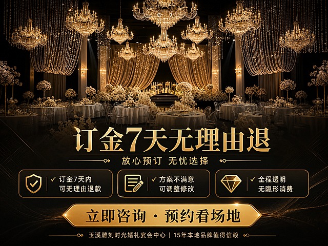 [商品] 使用【图1】宴会大厅主舞台水晶吊灯区做背景，保留最具视觉冲击力的吊灯群与主舞台画面；画面做黑金调色增强氛围感，底部做暗化渐变承接文字信息。
[画面] 第8张·售后保障+行动号召页，目标是降低决策风险促进预约，上下结构，上半部分大厅震撼场景占60%，下半部分黑金保障+转化区占40%，主体为售后保障承诺与预约引导，阅读动线从顶部场景震撼到中部保障承诺再到底部行动按钮，前景保障信息卡、中景大厅全景、后景水晶灯群。
[视觉] 套系策略：风格=高级感黑金奢华婚礼商业视觉；标题字=奢华衬线粗体（中文宋体类高端字）；正文字=现代简洁无衬线体；主色=深邃黑+璀璨金；背景延展=基于黑金做渐变层次、暗金纹理、细腻金属光感和丝绒质感；强调色=香槟金，仅用于小面积图标、引线、装饰线条和高光点缀；标题色=璀璨金；正文色=米白浅金；组件=金色细线边框、暗金信息卡、菱形/几何装饰元素；光影=顶部水晶灯暖金光束+侧逆光轮廓光，整体暗调奢华。
[文字] 中部主标题「订金7天无理由退」，副标题「放心预订 无忧选择」，下方3个保障点：「✓ 订金7天内可无理由退款」「✓ 方案不满意可调整修改」「✓ 全程透明 无隐形消费」，底部大号金色按钮样式文字「立即咨询 · 预约看场地」，按钮下方小字「玉溪雕刻时光婚礼宴会中心 | 15年本地品牌值得信赖」，全部横排，按钮醒目突出。
[规格] 抖音本地生活详情页，单屏比例4:3横版，分辨率4K，quality=medium。避免变形、错字、文字过小、冷蓝/冷灰主色、低俗元素、极限词、二维码、第三方平台标识。
