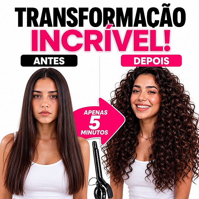 Página de transformação ANTES x DEPOIS estilo TikTok Shop Brasil, fundo branco puro. Título enorme no topo: "TRANSFORMAÇÃO INCRÍVEL!" em preto com detalhe rosa neon. Divisão lado a lado 50/50: LADO ESQUERDO "ANTES" com faixa preta - mulher brasileira com cabelo liso sem volume, expressão neutra; LADO DIREITO "DEPOIS" com faixa rosa neon - mesma mulher com cachos volumosos e brilhantes, sorriso grande. Seta rosa grande e grossa no centro apontando da esquerda para a direita, com texto "APENAS 5 MINUTOS". Modelador de cachos preto pequeno na base central. Estilo chamativo, alta conversão, fotografia realista, textos em português brasileiro, proporção 1:1, 4K