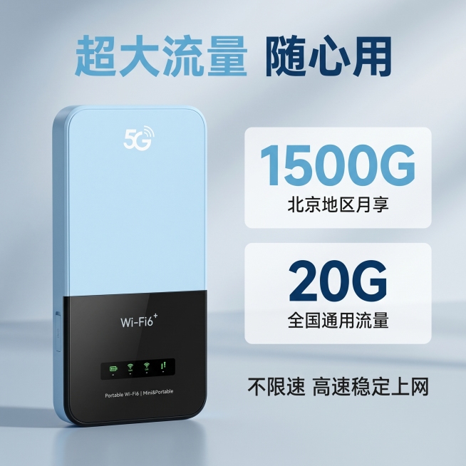 [主图-2] 流量优势卖点主图
[氛围风格] 科技感简洁数码产品卖点展示，现代商务风
[画质] 商业摄影质感，光线柔和通透，产品清晰真实，画面干净高级
[元素] 浅蓝色随身wifi产品放置在画面左侧，预览效果