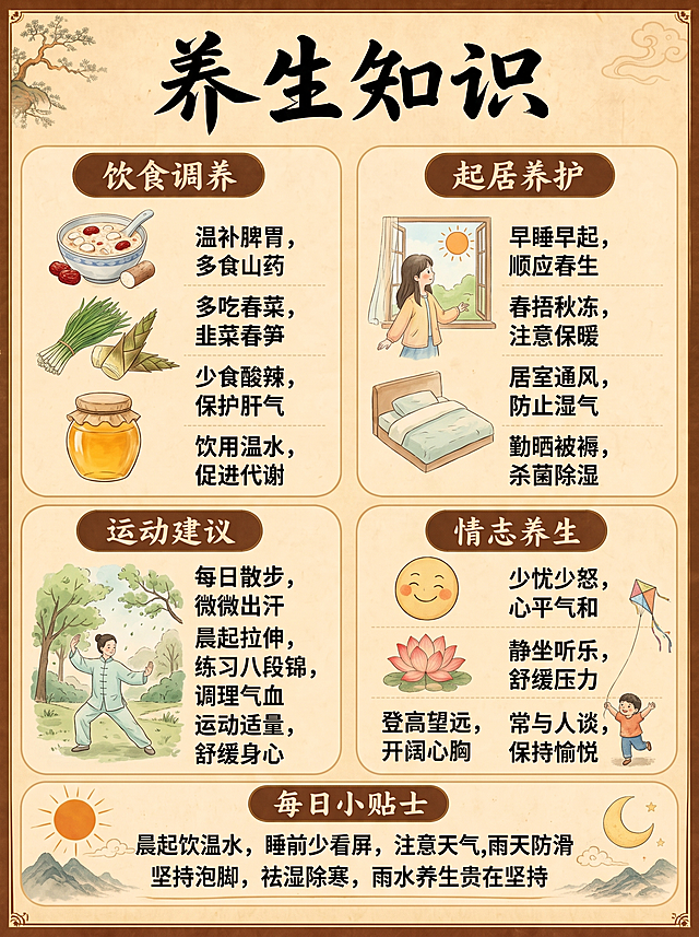 制作一张和参考图风格一致的养生知识科普海报，大标题为养生知识，复古米黄色背景，手绘插画风格，分多个板块展示雨水节气养生知识，保留清晰的文字排版和板块标题，整体布局和参考图一致。