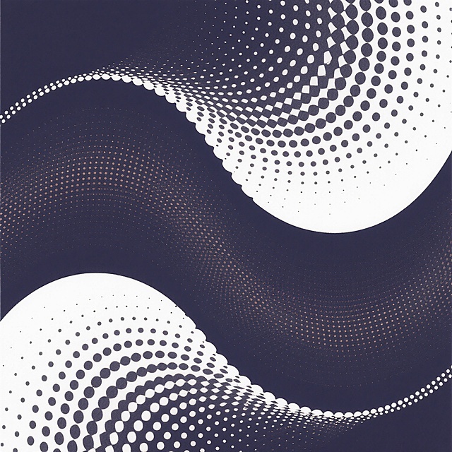 极简主义抽象艺术，纯色背景（可替换为深蓝/赭石/灰紫等沉稳色调），由大小渐变的圆形点阵构成流畅的波浪形态，点群密度从稀疏到密集自然过渡，形成强烈的视觉韵律感与动态张力，线条边缘清晰锐利，整体构图简洁大气，黑白对比鲜明（或调整为单色渐变效果，如从浅灰向深灰过渡的点阵波浪），现代几何美学风格，平面设计感强，留白充足，视觉焦点集中于点阵流动形成的有机曲线。